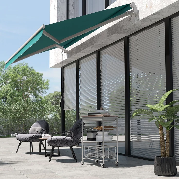Manuelle Markise 395 x 245 cm mit Kurbel, für Balkon, Terrasse oder Patio, aus Aluminium und 280 g/m² Polyestergewebe, UV-beständig, grün – Bild 3