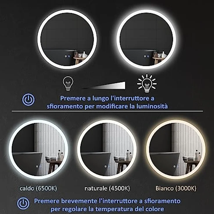 Kleankin Badspiegel mit Beleuchtung, LED-Wandspiegel mit 3 Lichtfarben, Anti-Beschlag, Ø70 x 3 cm, Weiß/Silber – Bild 4
