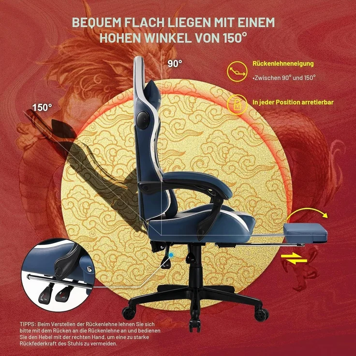 GTPLAYER Gaming Stuhl Gamer Stuhl mit Bluetooth-Lautsprechern und Fußstütze, Dragon Series Bürostuhl, Ergonomischer Drehsessel, Computerstuhl 150KG, blau – Bild 6