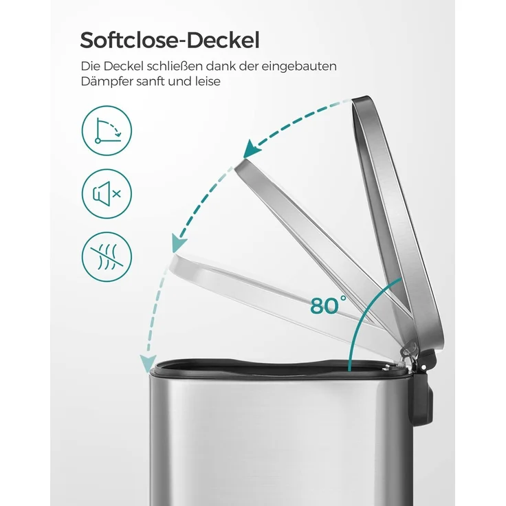 Songmics Mülleimer mit Deckel und Softclose, Stahl, 42,5 x 31,8 x 65,7 cm, 50 Liter, Silbern – Bild 3
