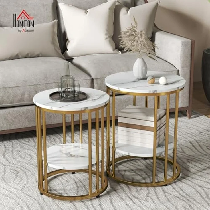 HOMCOM Couchtisch Wohnzimmertisch mit Ablage, Stahlrahmen (Sofatisch, 2-St, Beistelltisch), für Wohnzimmer Schlafzimmer Weiß – Bild 2