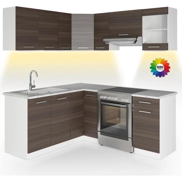 Eckküche R-Line Edelgrau/Weiß 187 x 167 cm, AP Marmor mit LED-Leisten Vicco – Bild 1