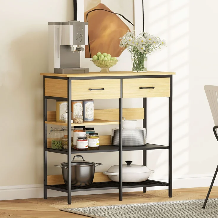 MELAYR, Sideboard, Kommode mit 2 Schubladen, 3 offenen Regalen Küchenschrankfür Küche, 90 x 40 x 91 cm, Naturholz – Bild 3