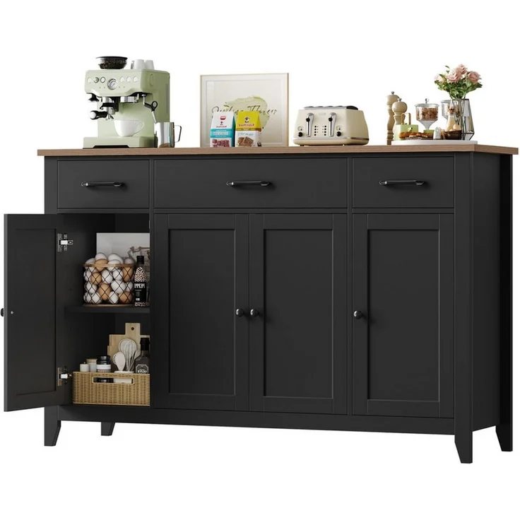 HOMECHO Sideboard 140 cm, Küchenschrank mit 3 Schubladen & 4 Türen, Höhenverstellbare – Bild 1