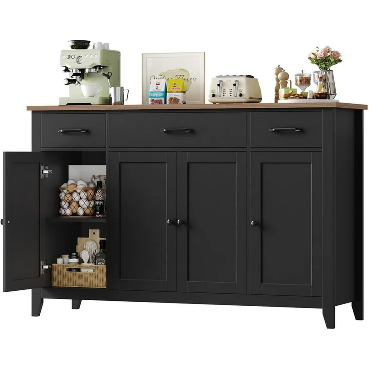 HOMECHO Sideboard 140 cm, Küchenschrank mit 3 Schubladen & 4 Türen, Höhenverstellbare