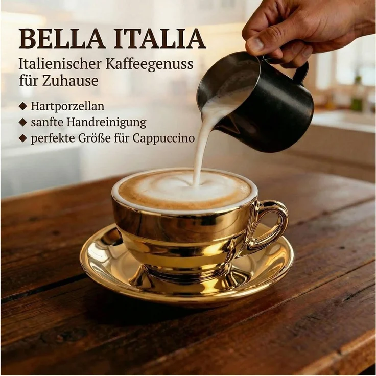MUVELL Cappuccinotasse 6er Cappuccino-Set "FLORENZ" Tasse 200ml + Untertasse, gold, 6-tlg, Keramik, 200 ml robust – Bild 4