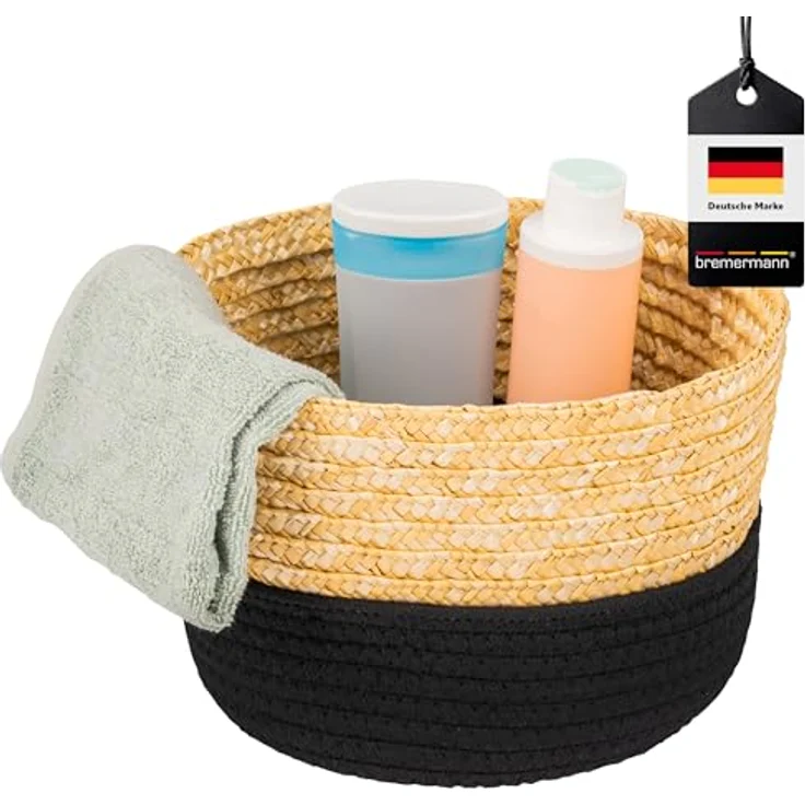 Aufbewahrungskorb, Baumwolle/ Strohgeflecht Ø 24 cm, schwarz – Bild 2