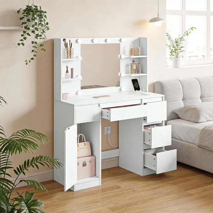 Moderner Stil Make-up Tisch,Bürotisch mit verschiedenen Speicher Dpace,Schreibtisch (nur mit Make-up-Tisch)--Weiß--110x40x140cm--YOUDENOVA – Bild 2