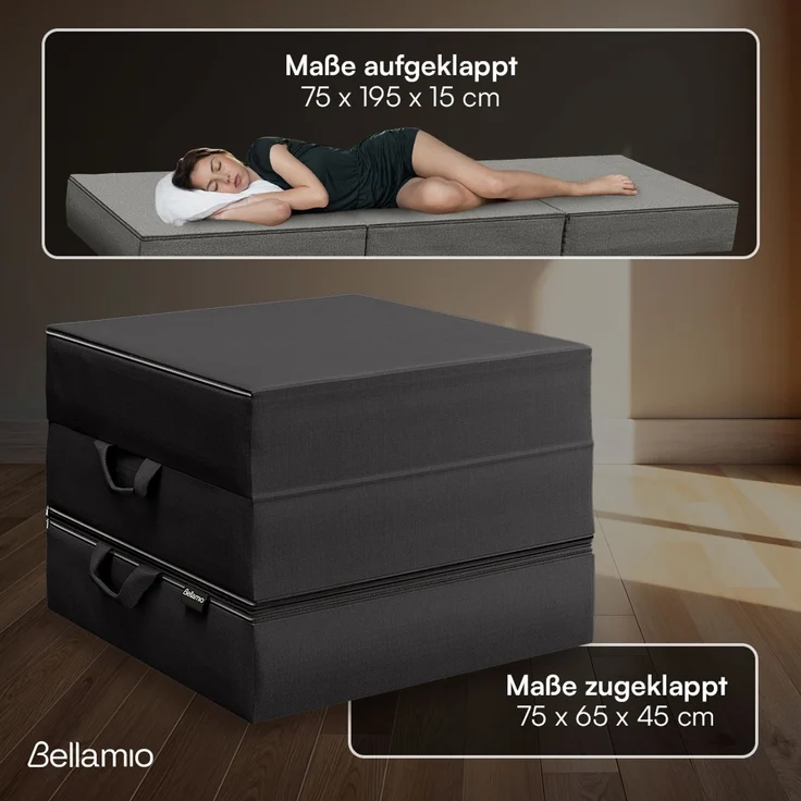 Bellamio 'Lomme' Klappmatratze 75x195 cm, 3-fach faltbar, Höhe 15 cm, Härtegrad H3, Gästematratze mit Tragegriffen, schwarz, abnehmbarer Bezug – Bild 5