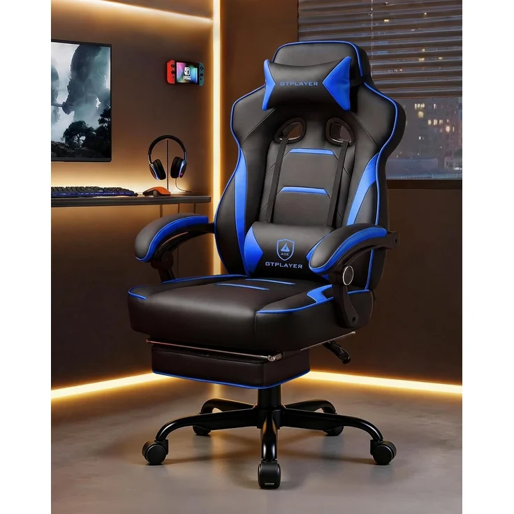 GTPLAYER Gaming Stuhl mit Fußstütze, Ergonomischer Bürostuhl 180kg, Schwerlast Gaming Sessel mit Lendenwirbelstütze und Kopfstütze, Höhenverstellbarer Computerstuhl, Gepolstert, neigbare 155°, BLAU – Bild 2