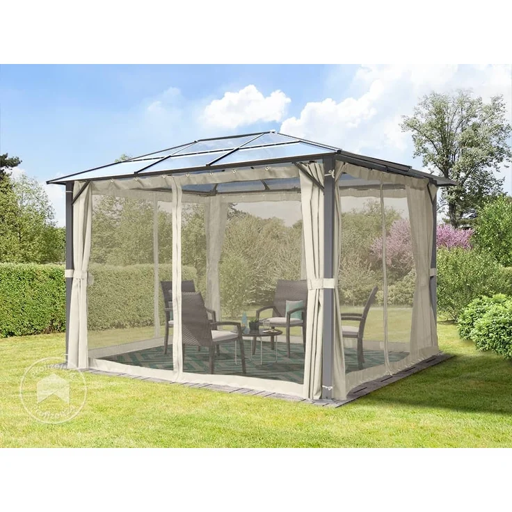 TOOLPORT Gartenpavillon 3x3,65 m Polycarbonat Dach ca. 6 mm - Hardtop Pavillon mit 4 Seitenteilen und Moskitonetzen in crème – Bild 4
