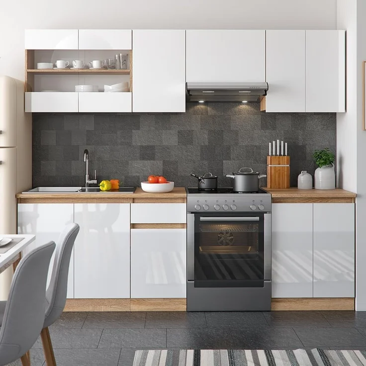 Küchenzeile R-Line Weiß Hochglanz/Weiß 240 cm, AP Sonoma mit LED-Leisten Vicco – Bild 2