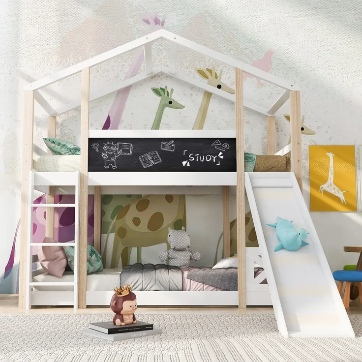Etagenbett 90x200 cm mit Rutsche & Tafel, Hausbett aus Kiefer, Hochbett mit Leiter, sicher & spielerisch für Kinderzimmer – Bild 2