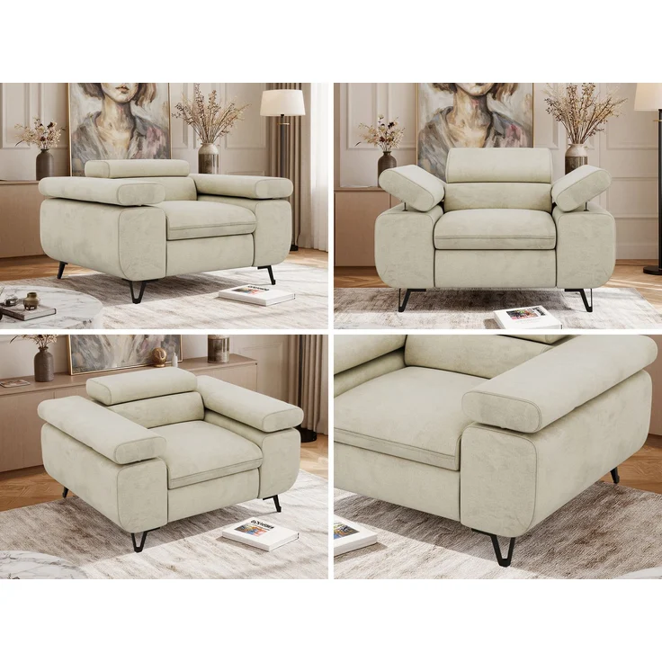 Einzelsessel, Polstersessel PETER mit verstellbaren Armlehnen und Kopfstütze, 1-Sitzer Sofa, Ohrensessel, Wellenfeder - Beige Velvet – Bild 2