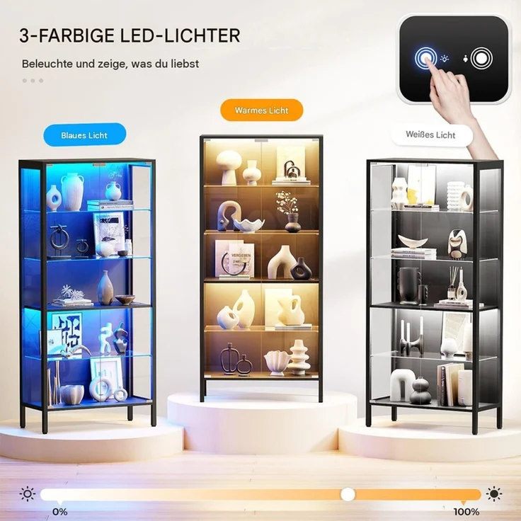 Glasvitrine 75x35x162.5 cm, 5-stöckige Vitrine mit LED-Beleuchtung, verstellbaren Glasböden und Sensor, Schwarz – Bild 5
