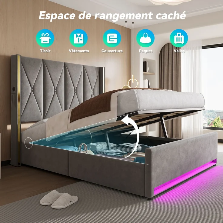 TavilaEcon Boxspringbett Veloursbett mit hohem Kopfteil, Seitentaschen & USB grau Liegefläche 160 × 200 cm – Bild 3