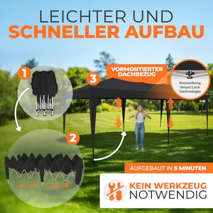 Kronenburg Faltpavillon wasserdicht Pavillon mit 6 Seitenteilen, Gartenzelt, 3x6 m - mit UV Schutz 50+, Schwarz – Bild 5