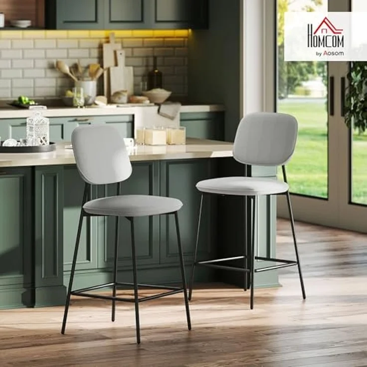 HOMCOM 2er-Set Barhocker, Bistrohocker mit Fußstütze, Barstuhl, Samt-Bezug, Küchenstuhl mit Rückenlehne, Tresenhocker-Set mit Stahlbeinen für Wohnzimmer, Esszimmer, Hellgrau, 45 x 49 x 102 cm – Bild 2