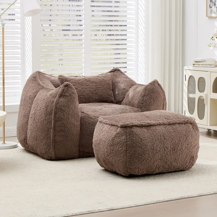 Riesiger Sitzsack für Erwachsene und Kinder, Sitzsack-Sofa mit Kunstfellbezug, Kissen und Hocker, bequemes Lese- und Spielsofa für Schlaf- und Wohnzimmer, Khaki--khaki--123x157x73cm--YOUDENOVA