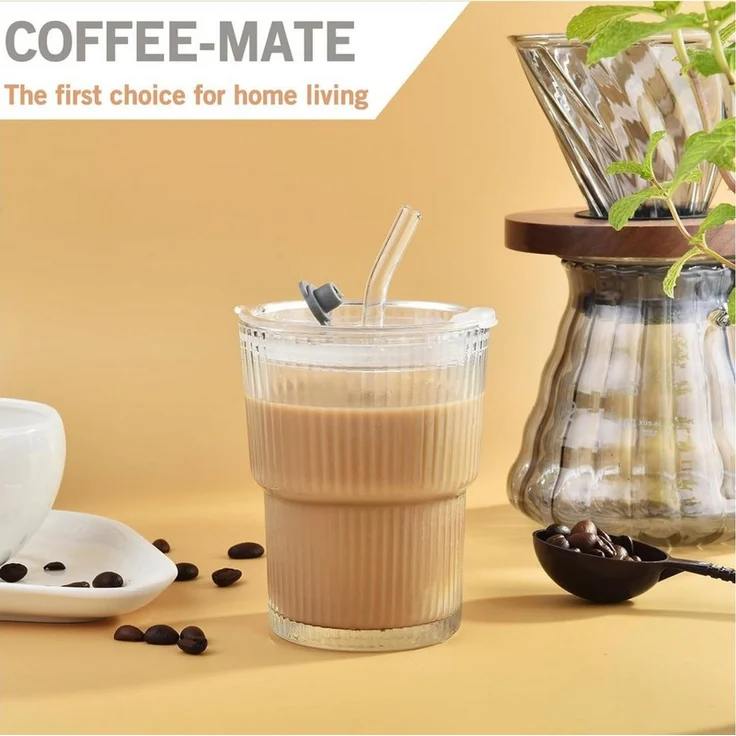 FANNOU Gläser-Set Gerippte Glasbecher mit Deckel und Strohhalm, 2-tlg, luftdichtes und wasserdichtes Design, ideal als Kaffee – Bild 4