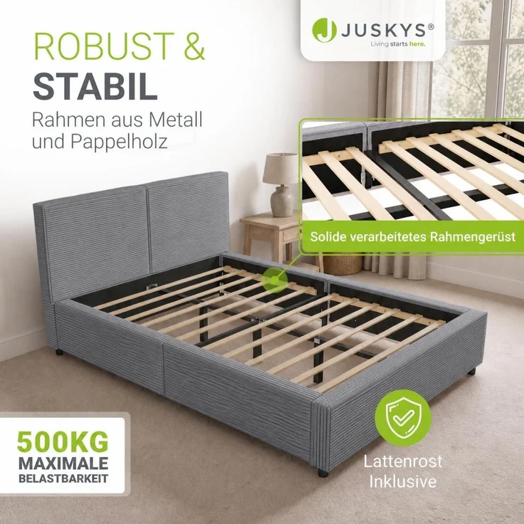 Juskys Polsterbett Salerno 140 x 200 cm – Cord Grau, modernes Bett mit Kopf- & Fußteil, stabilem Holz- & Metallrahmen, Lattenrost, 500 kg Tragkraft – Bild 5
