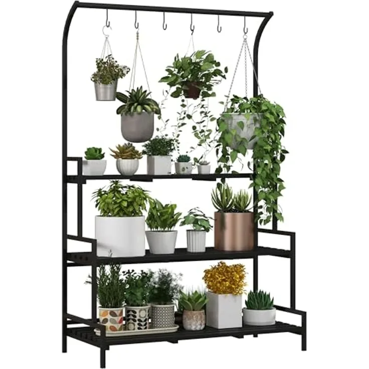 Outsunny Pflanzentreppe Pflanzenständer Blumenständer mit 3 Ebenen, 6 Haken (Blumentreppe, 1 St, Blumenregel), für Garten, Balkon, Schwarz
