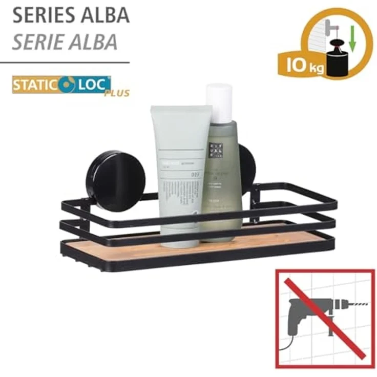 WENKO ALBA Duschablage, Schwarz/Braun, Befestigen ohne Bohren, Edelstahl/Bambus – Bild 4