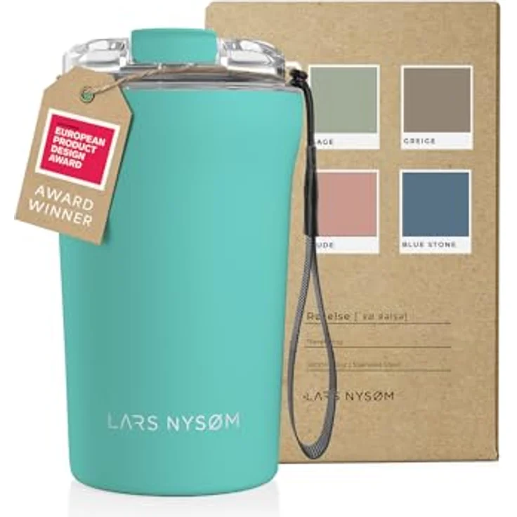 LARS NYSØM Thermo Kaffeebecher to go mit Trageschlaufe & Tritan Deckel | Travel Mug 0,38 Liter mit Isolierung | Auslaufsicherer Edelstahl Thermobecher für Café & Tee (Aqua Turquoise, 380ml) – Bild 1