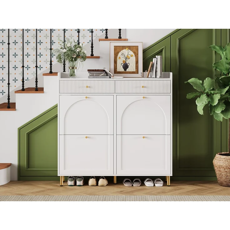ZUBALIYA Schuhschrank (106,5 x 25 x 105,5 cm), 4 Klappfächer und 2 Schubladen, Verstellbare Einlegeböden, Aus MDF und Spanplatte, Weiß – Bild 4