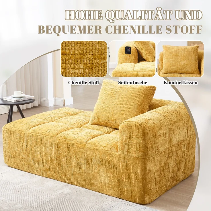 Chaiselongue-Sofa 158 x 90 x 60 cm in Gelb mit Seitentaschen und Kissen – Bild 8