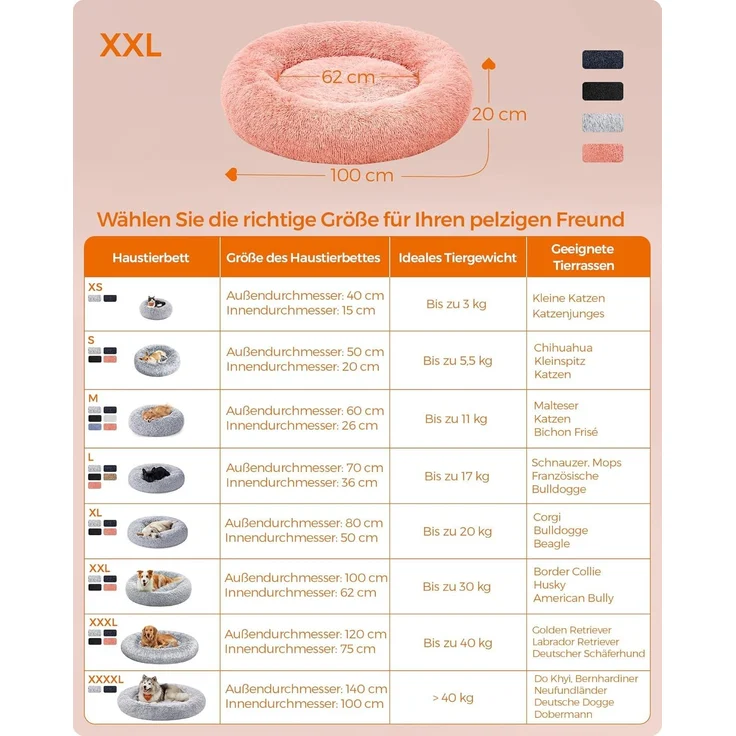 Feandrea Hundebett flauschig, Donut Kissen, waschbar, Polsterung in der Mitte herausnehmbar, Langer Plüsch, rosa, 100x20 cm – Bild 5