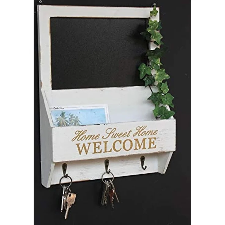 DanDiBo Wandorganizer Vintage Schlüsselbrett Holz mit Ablage 93751 Weiß 40cm Schlüsselboard Briefablage Kreidetafel Schlüsselkasten Shabby Chic Memoboard – Bild 1