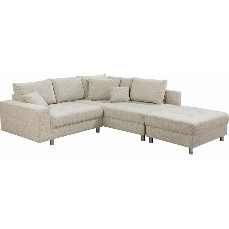 riess-ambiente Ecksofa KENT 220cm beige/chrom – Strukturstoff, L-Form, Modern, inkl. Kissen, Einzelartikel 1 Teile, Wohnlandschaft mit Federkern & Hocker – ideal für flexible Wohnzimmer