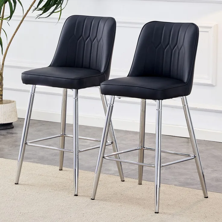 2er-Set Barhocker, 100 cm hoch, schwarzes PU-Leder mit silberfarbenem Metallgestell und bequemer Fußraste, In mehreren Farben erhältlich – die ideale Wahl für Ihre Hausbar.--Schwarz+Silber--42x45x100cm--YOUDENOVA