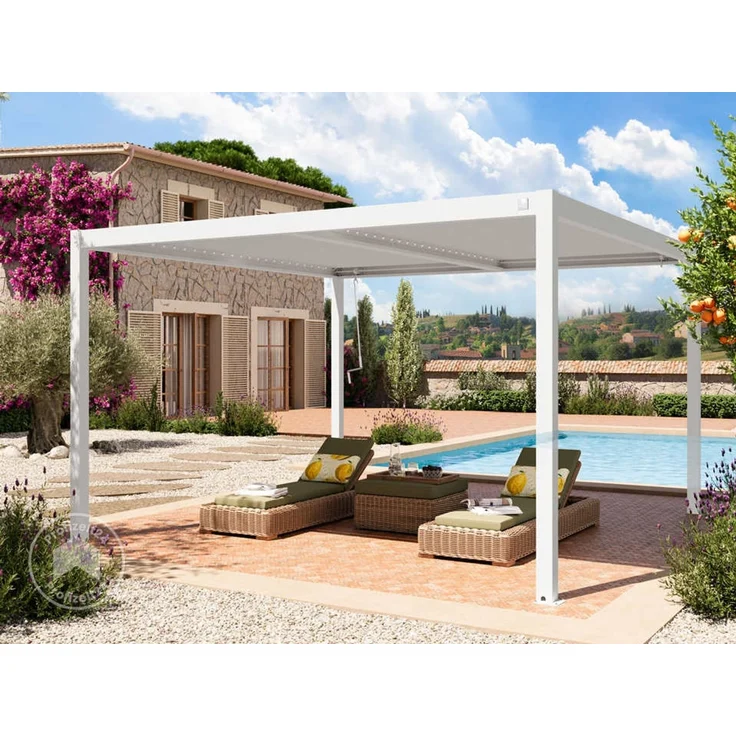 PRIMEYARD Pergola 4x4 m Aluminium-Pfosten mit Lamellendach aus Stahl weiße Terrassenüberdachung – Bild 1