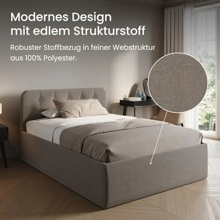 Home Collective Polsterbett Bett mit Stauraum, verstellbarem Lattenrost, viele Größen (Größen: 100x200 120x200 140x200 160x200 180x200 200x200, hochwertiger Strukturstoff, made in Germany), wählbare Matratze Federkern oder Kaltschaum, Dunkelbeige – Bild 8