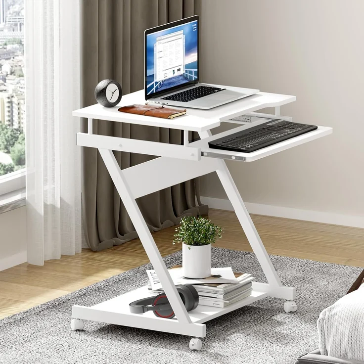 SogesHome Schreibtisch Klein Computertisch mit 4 Rollen 2 Davon mit Bremsen PC-Tisch in Z-Form mit Tastaturauszug für Zuhause und Büro, 60x48 cm – Bild 1