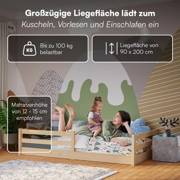 Bellabino 'Iskri' Bodenbett 90x200 cm, natur, Massivholz Kiefer, Montessori Kinderbett mit Rausfallschutz und Lattenrost – Bild 5