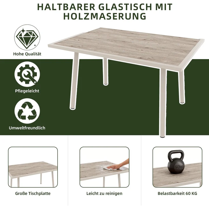 Merax Gartenlounge-Set 6 teilig für 7-8 Personen, Gartenmöbelset mit Kissen, Tisch mit Holzoptik-Glasplatte, Sofagarnitur Terassenmöbelset, Beige – Bild 6