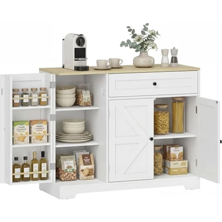 HOMCOM Sideboard Buffetschrank mit Schublade, 100 x 40 x 81 cm, Weiß mit verstellbaren Regalen und dreistufigem Gewürzhalter – Bild 1