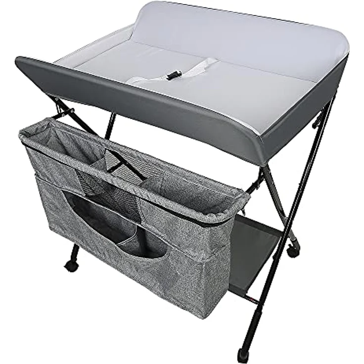 mobiler Wickeltisch mit Wickelaufsatz, Wickelkommode klappbar höhenverstellbar, Wickelkombi mit Sicherheitsgurt Aufbewahrungskorb Kleiderstange-80 * 63 * 93-99cm gebrochenes Weiß – Bild 7