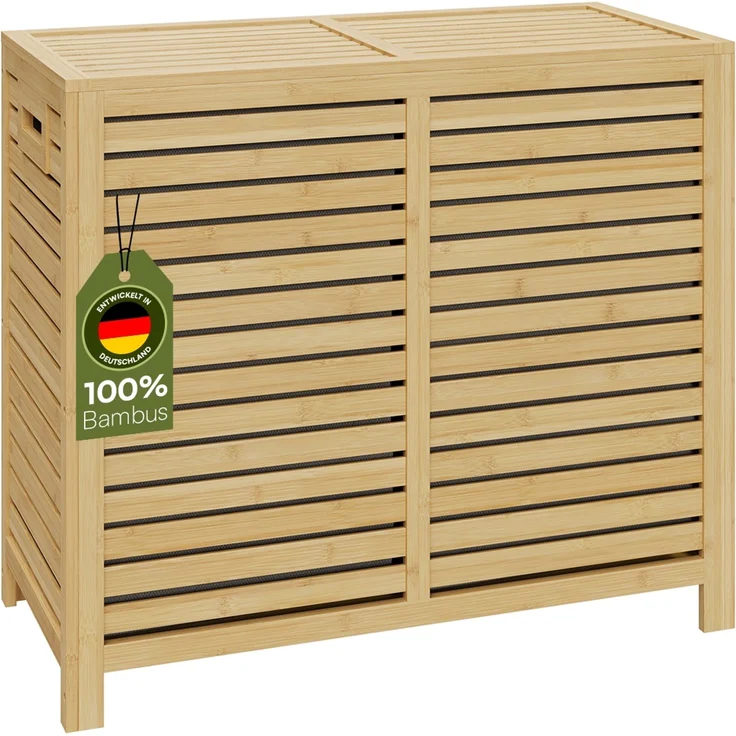 Bellamio 'Newa' Wäschesammler, 120 Liter (2x 60 Liter), Bambus, herausnehmbare Wäschesäcke aus Oxford-Gewebe, anthrazit, Wäschekorb mit Deckel – Bild 1