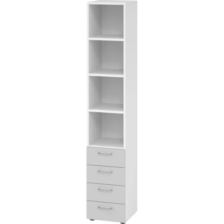 bümö smart Schubladenschrank, Büroschrank in Weiß/Grau mit 4 Schüben & 4 Regalfächern - Bürocontainer aus Holz, Container mit Metallgriffen & Soft-Stop Schubladen, 964S4-W-5-BS