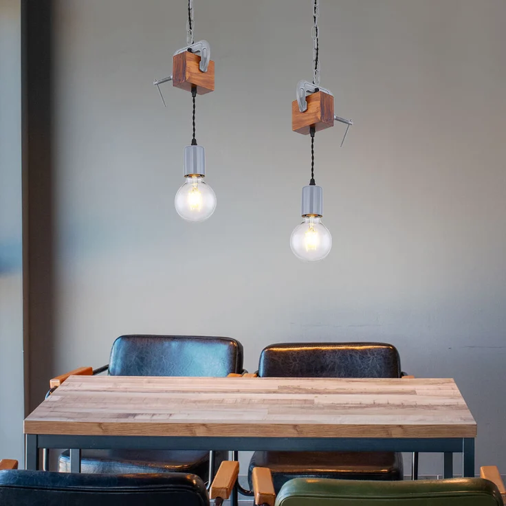 Hängeleuchte, Holz antik Metall verzinkt, Schraubzwinge, H 120cm – Bild 6