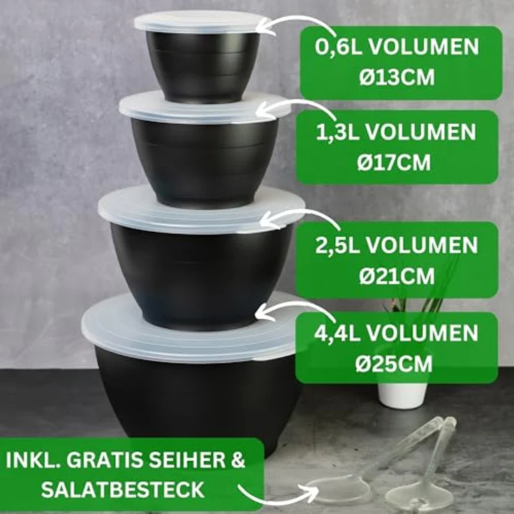Thiru Salatschüssel 6 Teilig 0,6L/1,3L/2,5L/4,4L - mit Deckel, Seiher, Salatbesteck, (6-tlg), Spülmaschinenfest – Bild 3