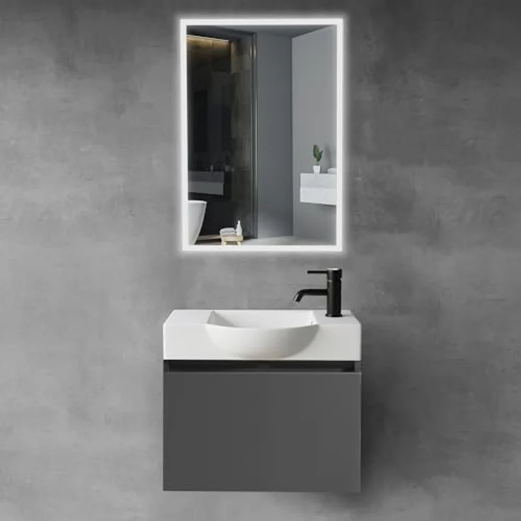 Alpenberger Badmöbel-Set Waschbecken mit Unterschrank 55 cm Breit, (Waschtischunterschrank, Badezimmerschrank Klein), Badschrank Hängend mit Badspiegel – Bild 2