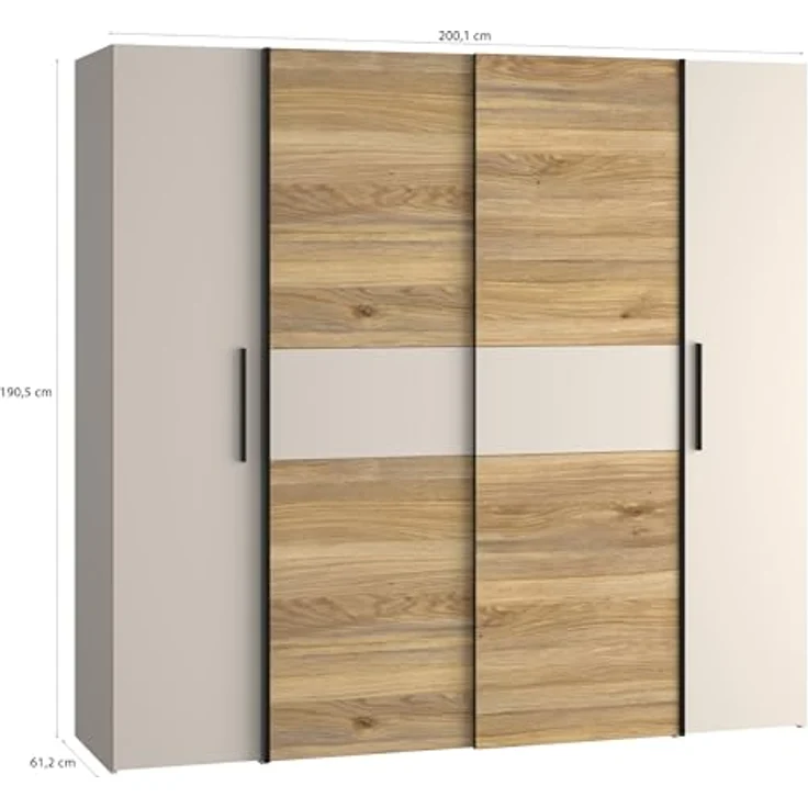 Forte KALIXTUS Kleiderschrank 200, moderner Dreh-/Schwebetürenschrank, 4-türig, geräumig, Holzwerkstoff, Eiche Holzdekor/Kaschmir Beige, 200,1 cm breit x 190,5 cm hoch x 61,2 cm tief – Bild 4