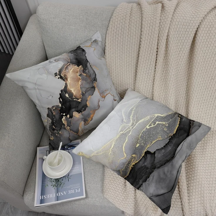 Velvet Kissenbezüge 45×45 cm 4er-Set Marmor Schwarz & Gold, Luxus Fluid Art, Couch – Bild 5