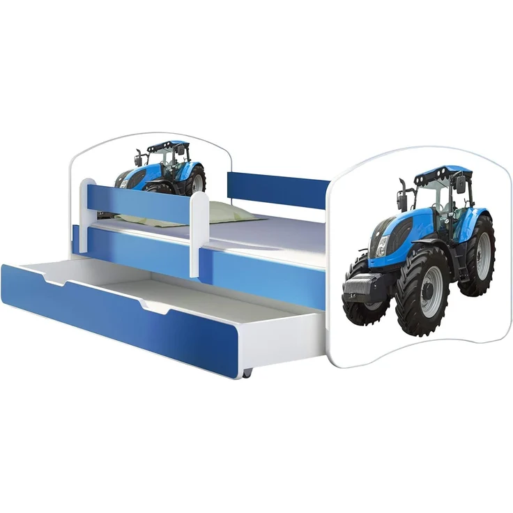 ACMA Kinderbett Jugendbett mit Einer Schublade und Matratze Blau mit Rausfallschutz Lattenrost II 140x70 160x80 180x80 (42 Traktor, 160x80 + Bettkasten) – Bild 1