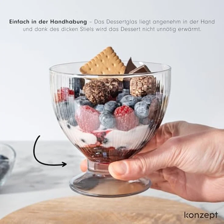 KONZEPT Eisschale Eisbecher Glas Set, Glasschale mit Fuß 405 ml, Glas Geriffelt für Eis, (4-tlg), Perfekt für Schichtdessert, Candy Bar Zubehör – Bild 7